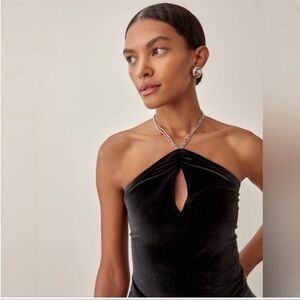 Reformation Cedric Velvet Halter Keyhole Top Black Rhinestone Strap